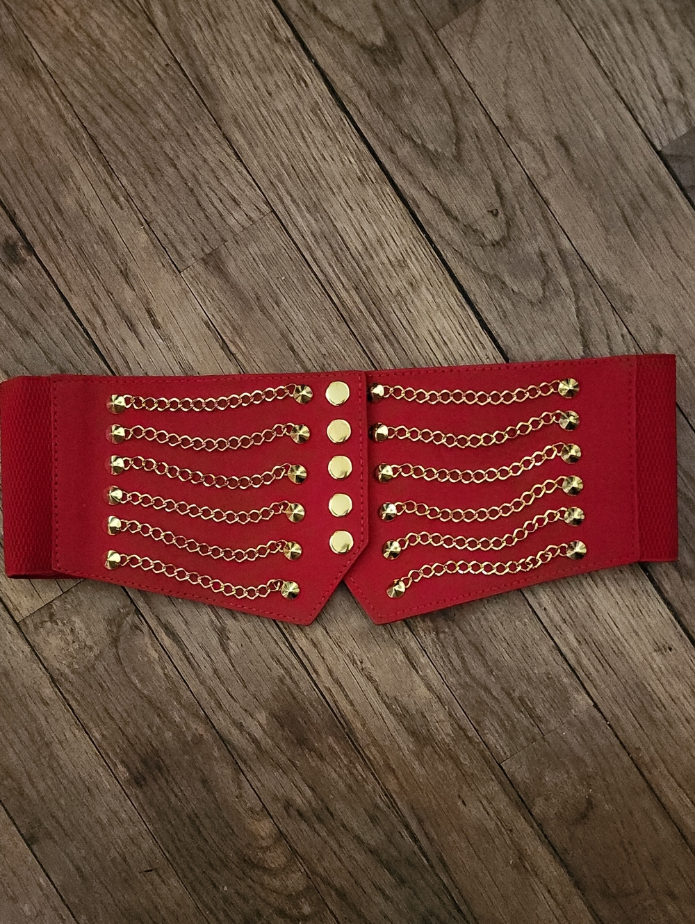 NEW! Red Faux Leather Studded Elastic Waist Belt with Gold Chains S-XL